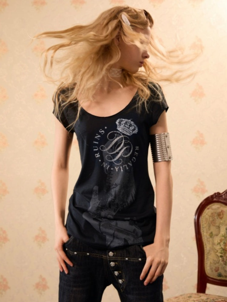 Slim-Fit Crew Neck Vintage-Style Guitar Girl Printed Long T-Shirt【s0000017552】