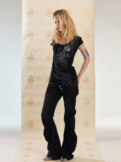 Slim-Fit Crew Neck Vintage-Style Guitar Girl Printed Long T-Shirt【s0000017552】