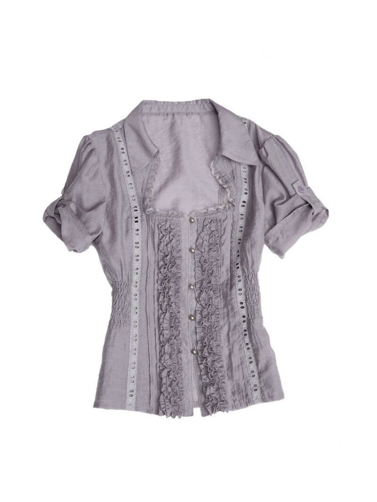 Square Collar Puff Sleeve Ruffle Lace Sheer Shirt【s0000017553】