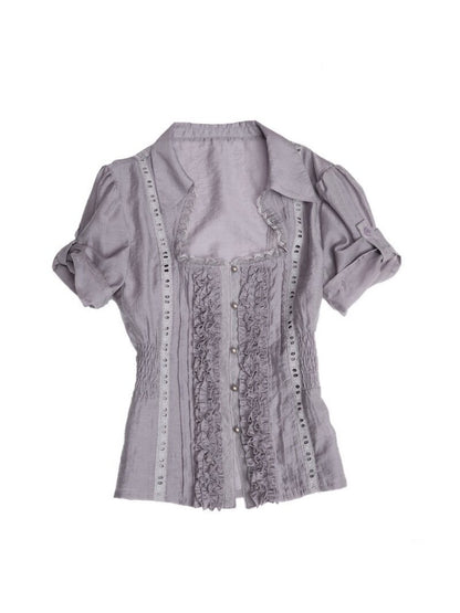 Square Collar Puff Sleeve Ruffle Lace Sheer Shirt【s0000017553】