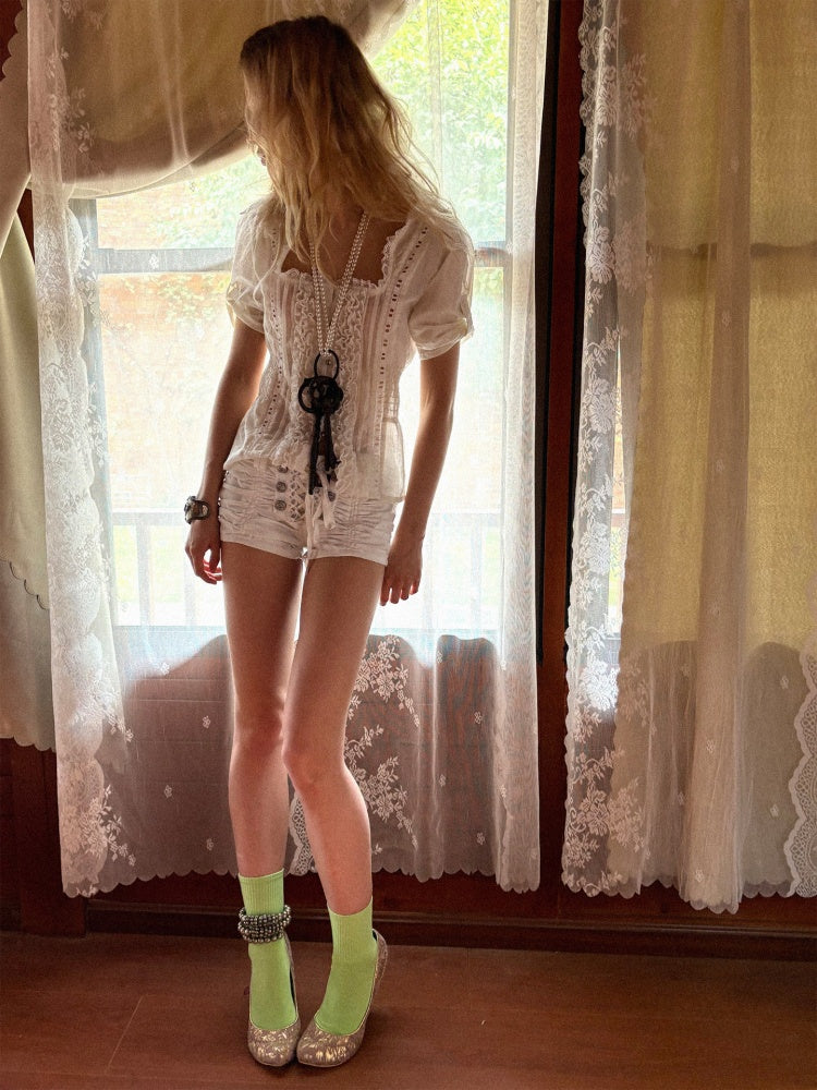 Square Collar Puff Sleeve Ruffle Lace Sheer Shirt【s0000017553】