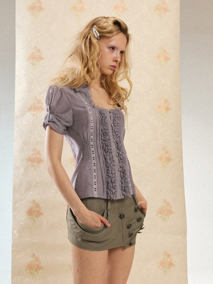 Square Collar Puff Sleeve Ruffle Lace Sheer Shirt【s0000017553】