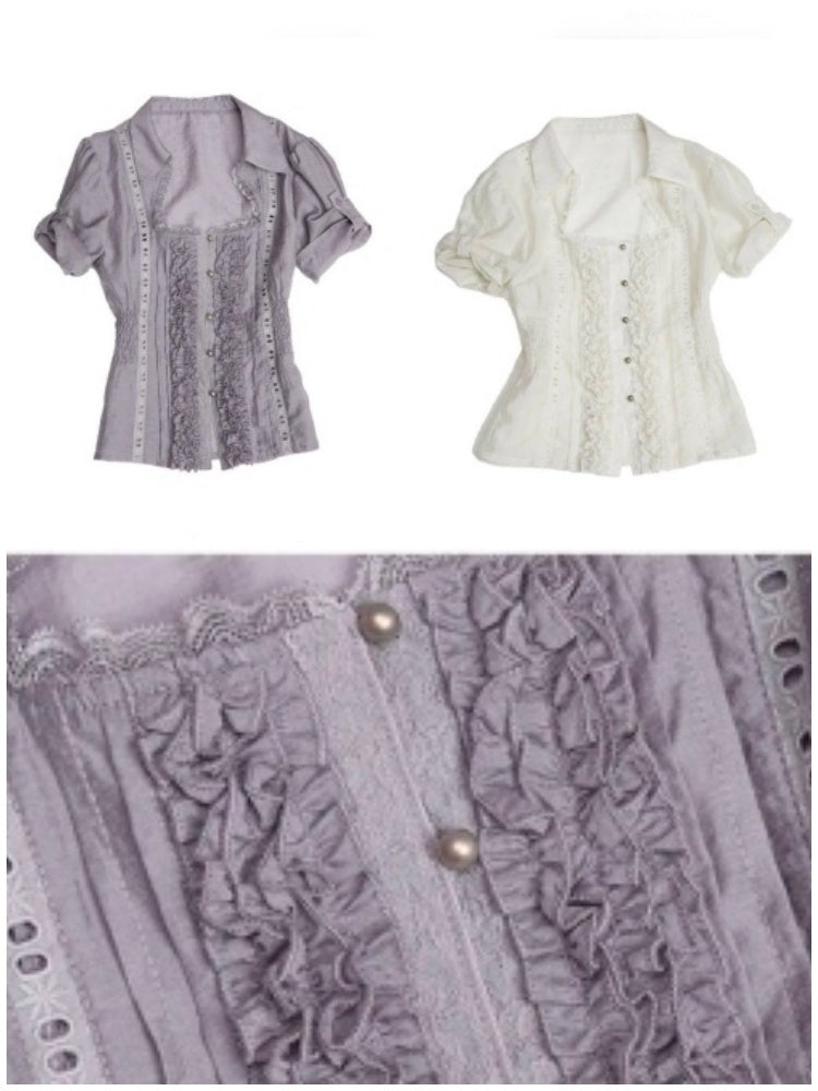 Square Collar Puff Sleeve Ruffle Lace Sheer Shirt【s0000017553】