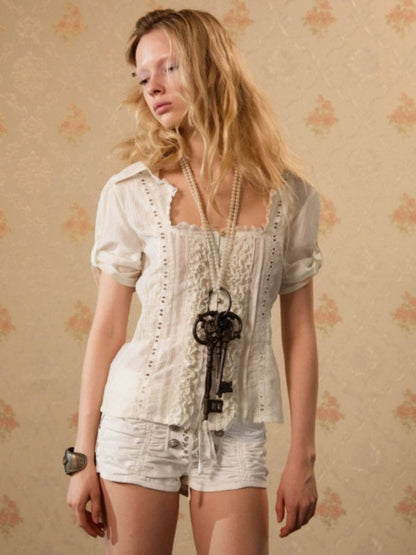 Square Collar Puff Sleeve Ruffle Lace Sheer Shirt【s0000017553】