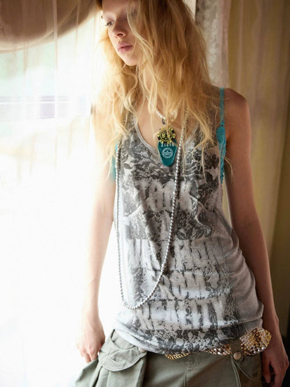 Punk Niche Lace Print Slogan Tank U-Neck Vest Dress【s0000017554】