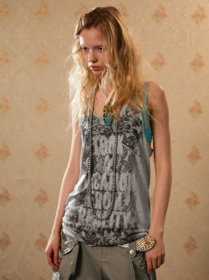 Punk Niche Lace Print Slogan Tank U-Neck Vest Dress【s0000017554】