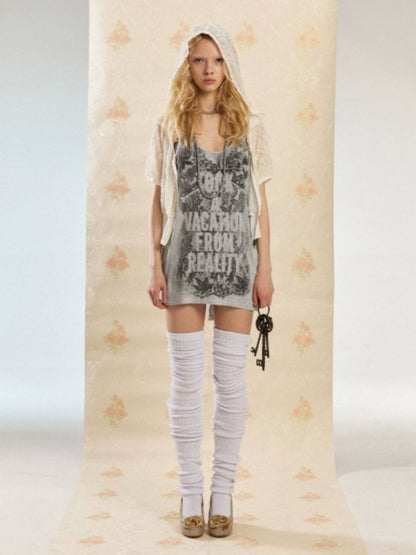Punk Niche Lace Print Slogan Tank U-Neck Vest Dress【s0000017554】