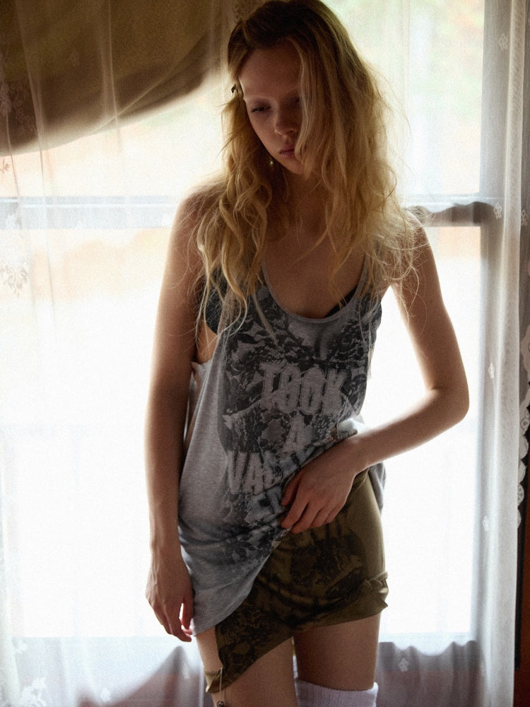 Punk Niche Lace Print Slogan Tank U-Neck Vest Dress【s0000017554】