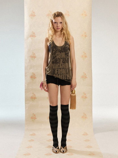Punk Niche Lace Print Slogan Tank U-Neck Vest Dress【s0000017554】