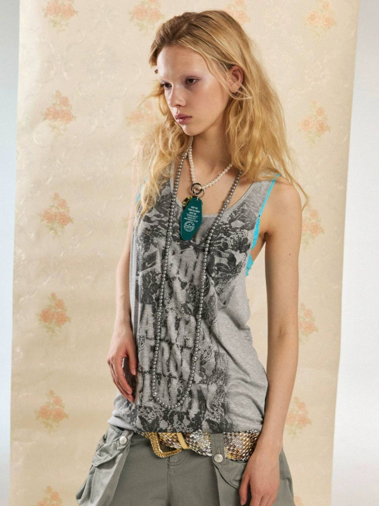 Punk Niche Lace Print Slogan Tank U-Neck Vest Dress【s0000017554】
