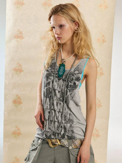 Punk Niche Lace Print Slogan Tank U-Neck Vest Dress【s0000017554】