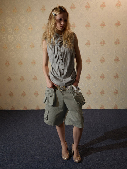 Vintage Washed Distressed 3D-Pocket Cropped Wide-Leg Pants【s0000017555】