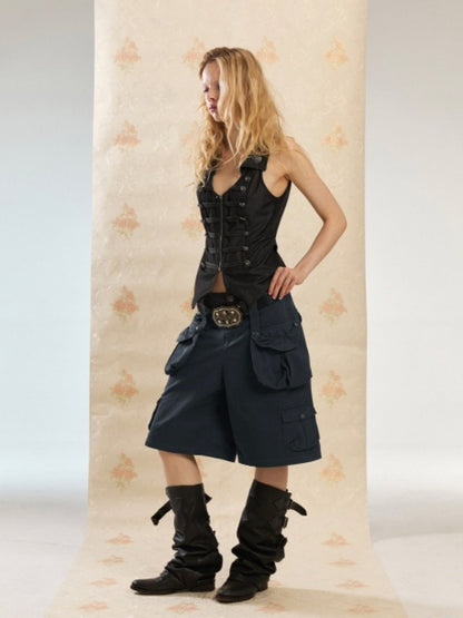 Vintage Washed Distressed 3D-Pocket Cropped Wide-Leg Pants【s0000017555】