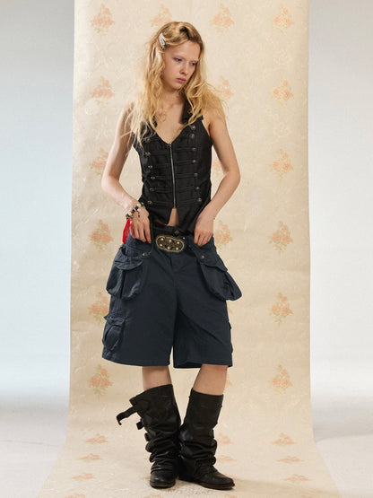 Vintage Washed Distressed 3D-Pocket Cropped Wide-Leg Pants【s0000017555】