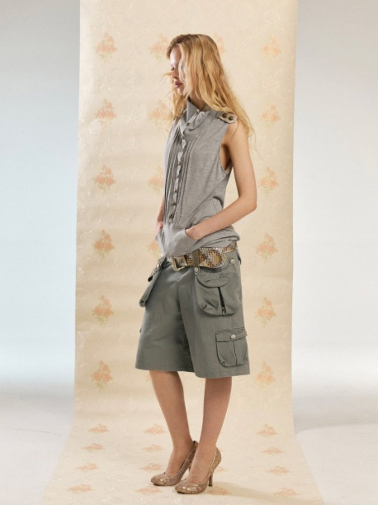 Vintage Washed Distressed 3D-Pocket Cropped Wide-Leg Pants【s0000017555】