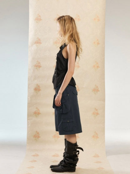 Vintage Washed Distressed 3D-Pocket Cropped Wide-Leg Pants【s0000017555】