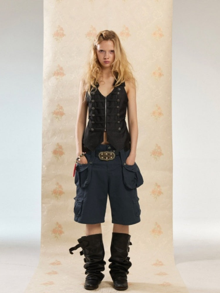 Vintage Washed Distressed 3D-Pocket Cropped Wide-Leg Pants【s0000017555】
