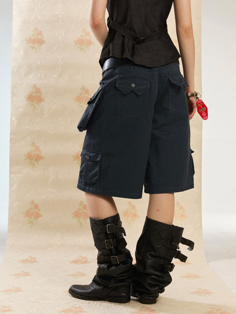Vintage Washed Distressed 3D-Pocket Cropped Wide-Leg Pants【s0000017555】