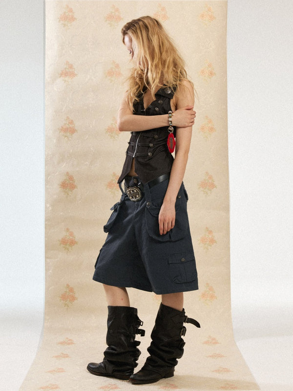 Vintage Washed Distressed 3D-Pocket Cropped Wide-Leg Pants【s0000017555】