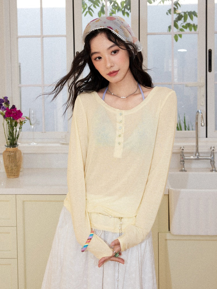 Henry-Collar Cover-Up T-Shirts & Sea Print Bikini【s0000017556】