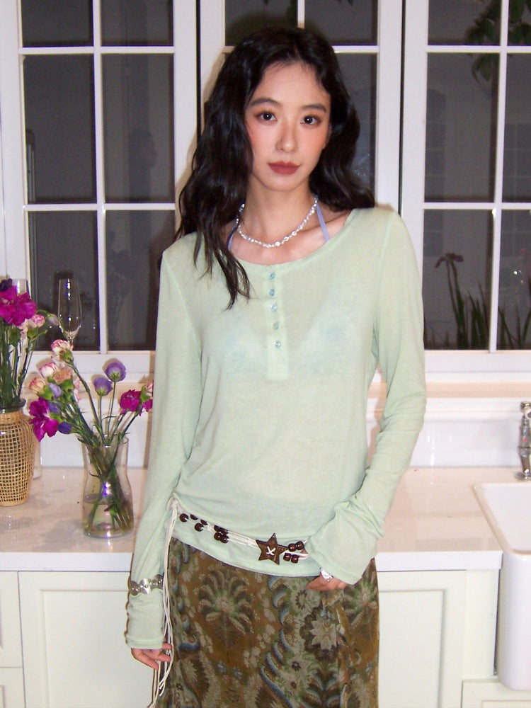 Henry-Collar Cover-Up T-Shirts & Sea Print Bikini【s0000017556】