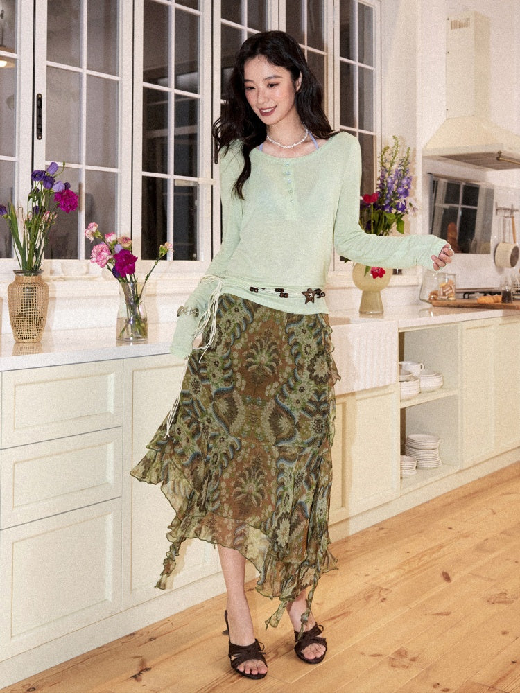 Henry-Collar Cover-Up T-Shirts & Sea Print Bikini【s0000017556】