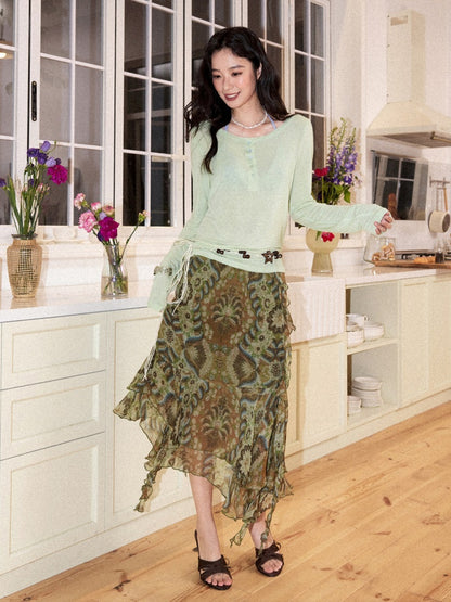 Henry-Collar Cover-Up T-Shirts & Sea Print Bikini【s0000017556】