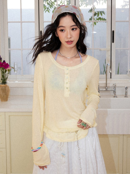 Henry-Collar Cover-Up T-Shirts & Sea Print Bikini【s0000017556】