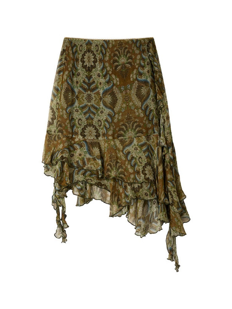 Vintage Floral Chiffon Asymmetrical Hem Ruffled A-Line Skirt【s0000017557】
