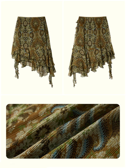 Vintage Floral Chiffon Asymmetrical Hem Ruffled A-Line Skirt【s0000017557】