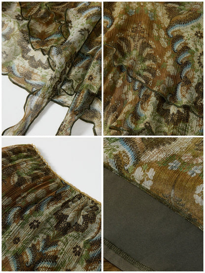 Vintage Floral Chiffon Asymmetrical Hem Ruffled A-Line Skirt【s0000017557】