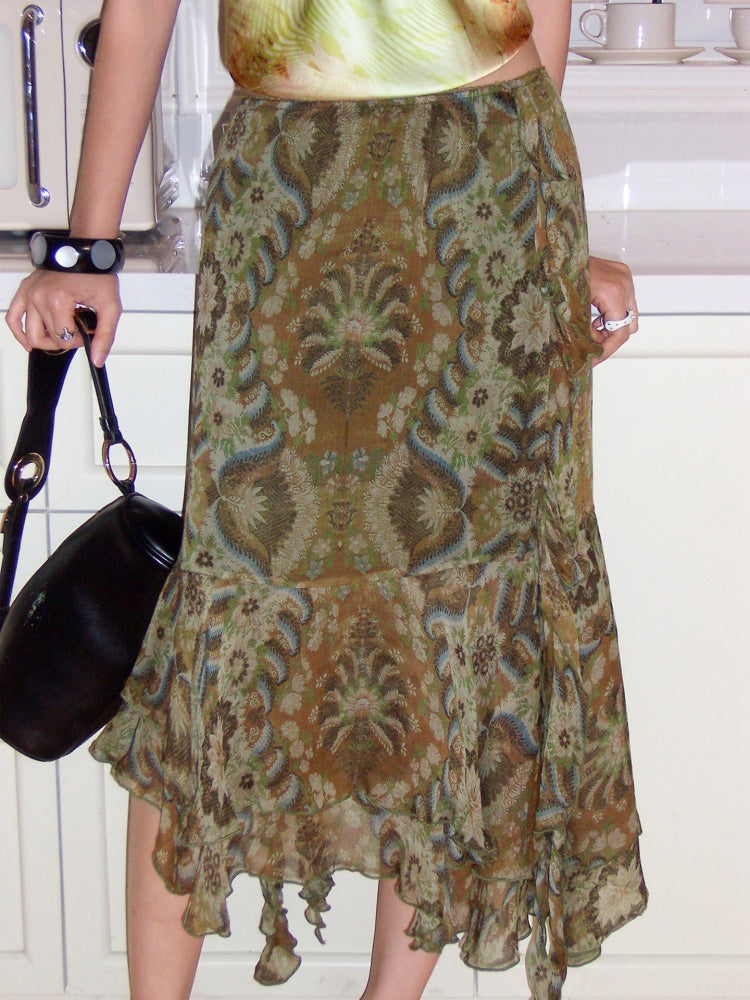 Vintage Floral Chiffon Asymmetrical Hem Ruffled A-Line Skirt【s0000017557】