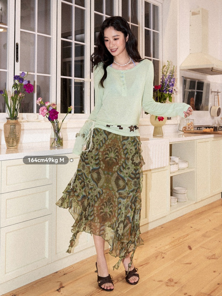 Vintage Floral Chiffon Asymmetrical Hem Ruffled A-Line Skirt【s0000017557】