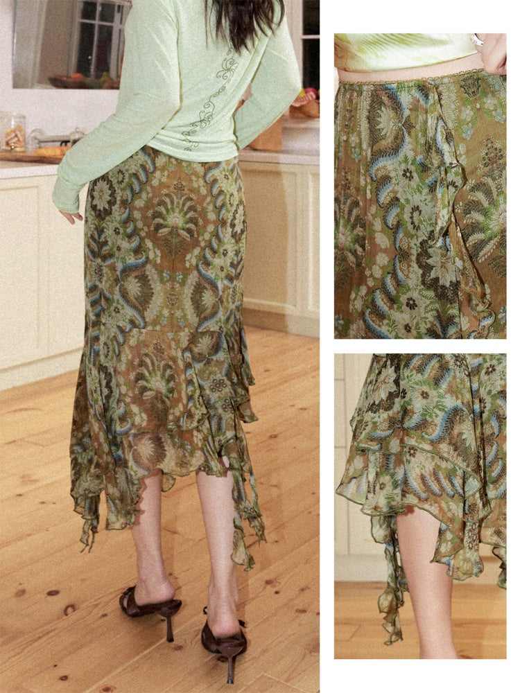 Vintage Floral Chiffon Asymmetrical Hem Ruffled A-Line Skirt【s0000017557】