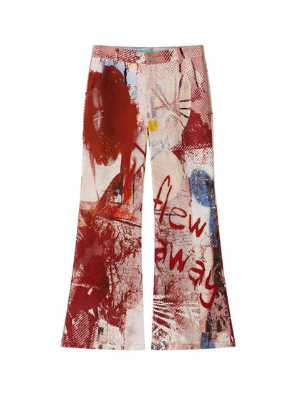 Color-Blocking Printed Red Flared Pants【s0000017558】