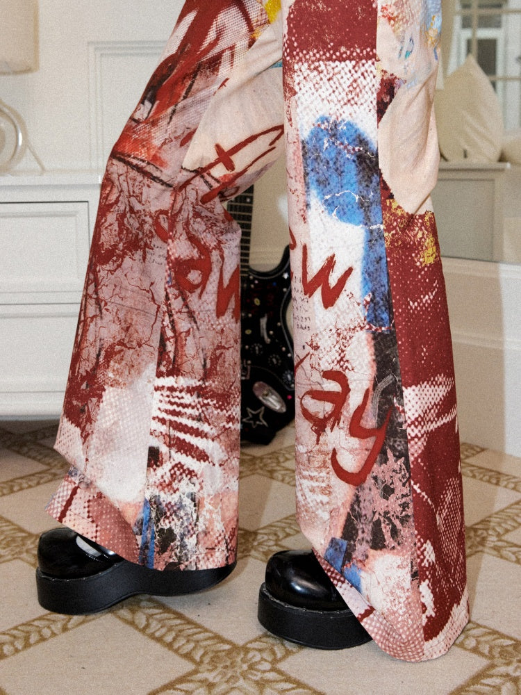 Color-Blocking Printed Red Flared Pants【s0000017558】