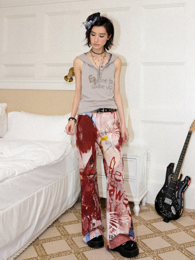 Color-Blocking Printed Red Flared Pants【s0000017558】