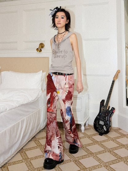Color-Blocking Printed Red Flared Pants【s0000017558】