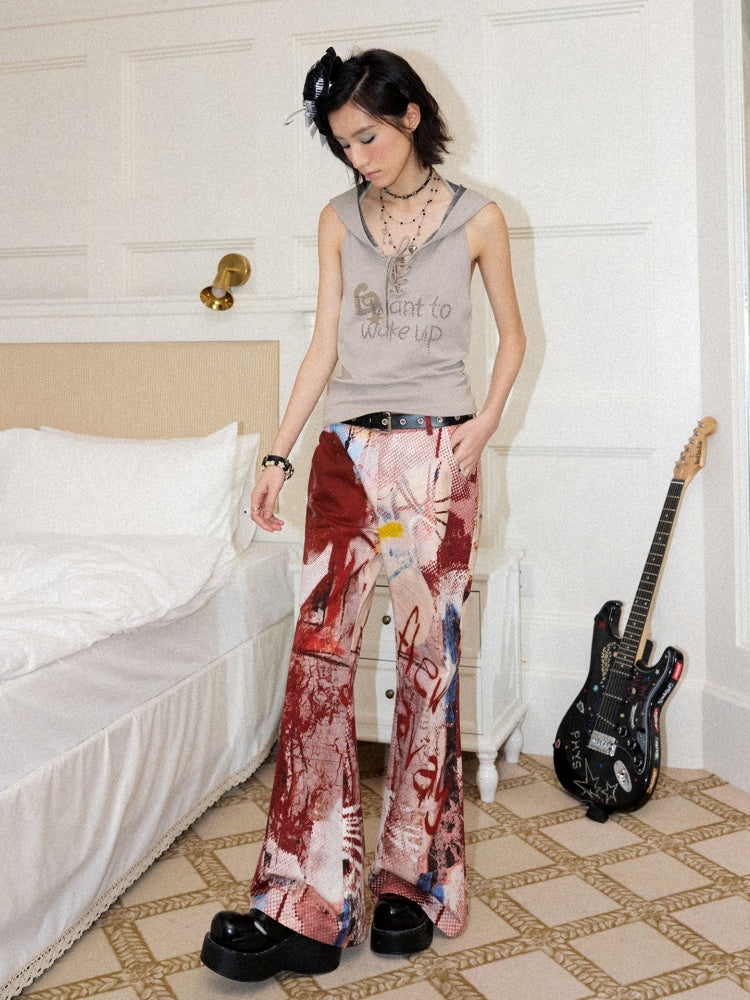 Color-Blocking Printed Red Flared Pants【s0000017558】