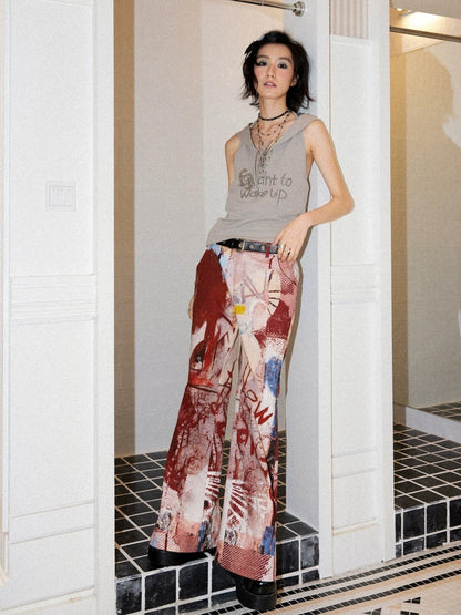 Color-Blocking Printed Red Flared Pants【s0000017558】