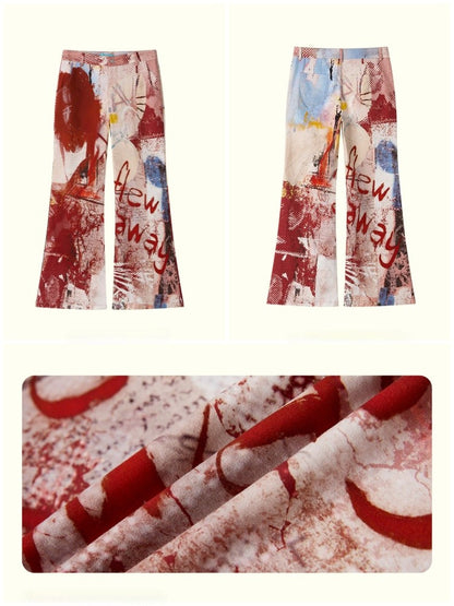 Color-Blocking Printed Red Flared Pants【s0000017558】