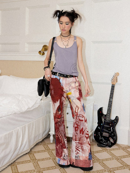 Color-Blocking Printed Red Flared Pants【s0000017558】