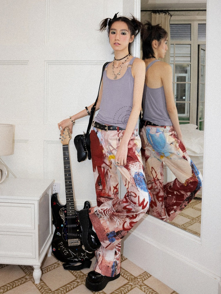 Color-Blocking Printed Red Flared Pants【s0000017558】