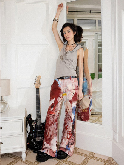 Color-Blocking Printed Red Flared Pants【s0000017558】