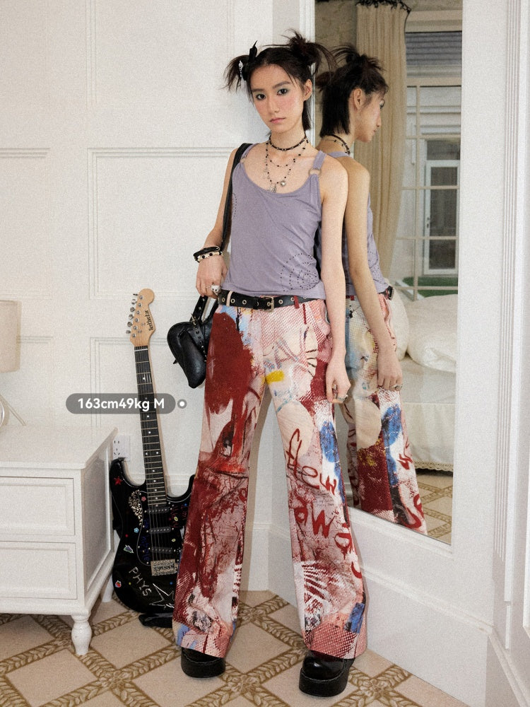 Color-Blocking Printed Red Flared Pants【s0000017558】
