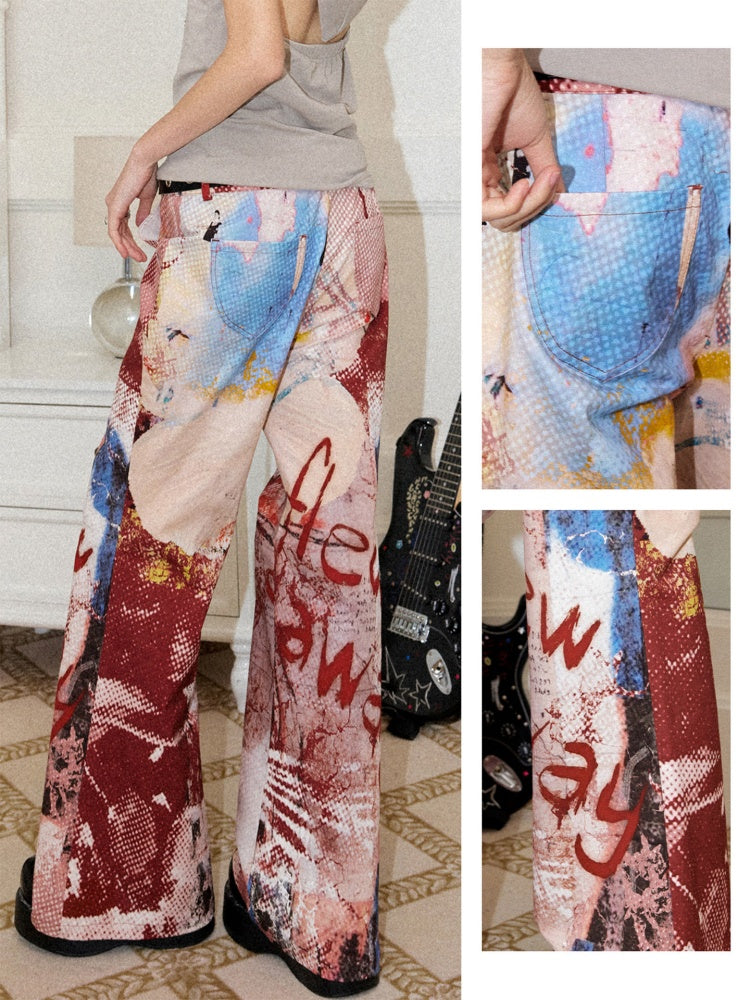 Color-Blocking Printed Red Flared Pants【s0000017558】