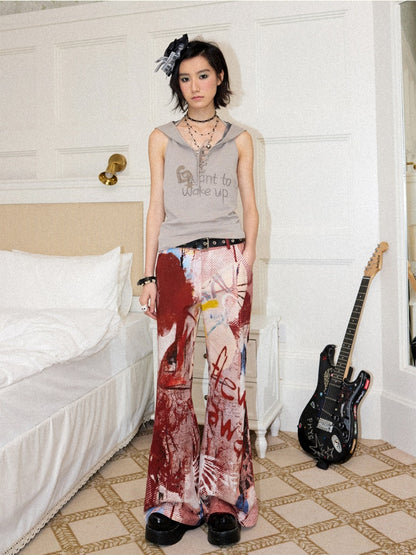 Color-Blocking Printed Red Flared Pants【s0000017558】