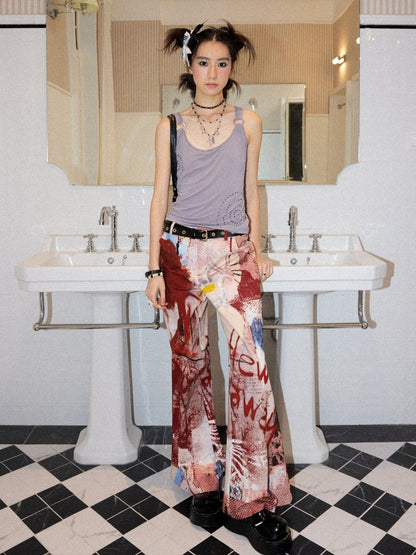 Color-Blocking Printed Red Flared Pants【s0000017558】