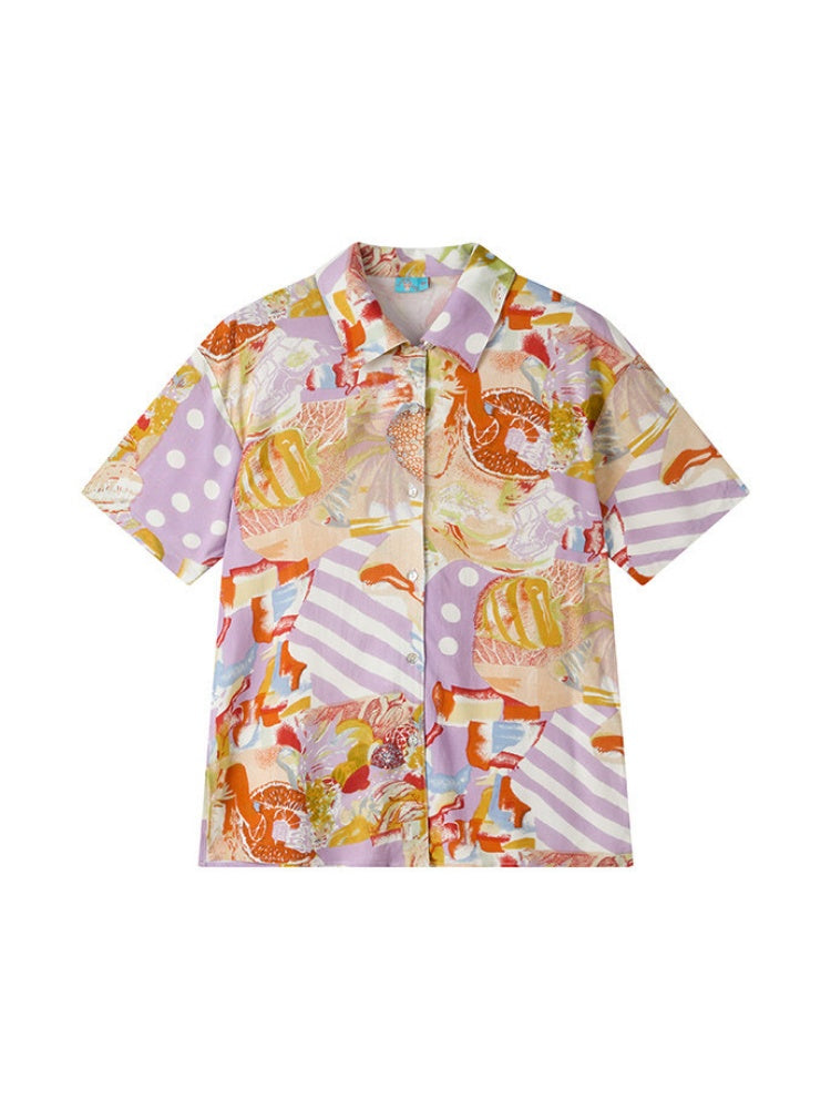 Vintage Cuban Collar Color-Block Print Loose Casual Short-Sleeve Shirt【s0000017559】