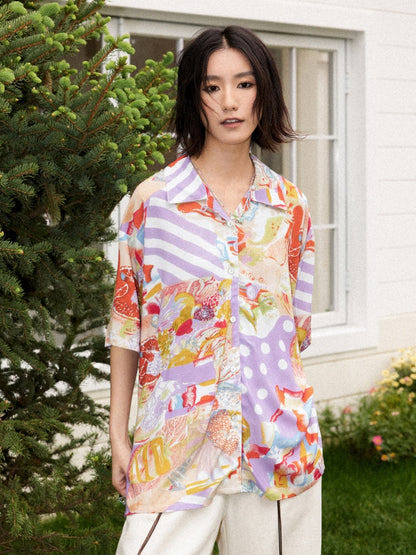 Vintage Cuban Collar Color-Block Print Loose Casual Short-Sleeve Shirt【s0000017559】